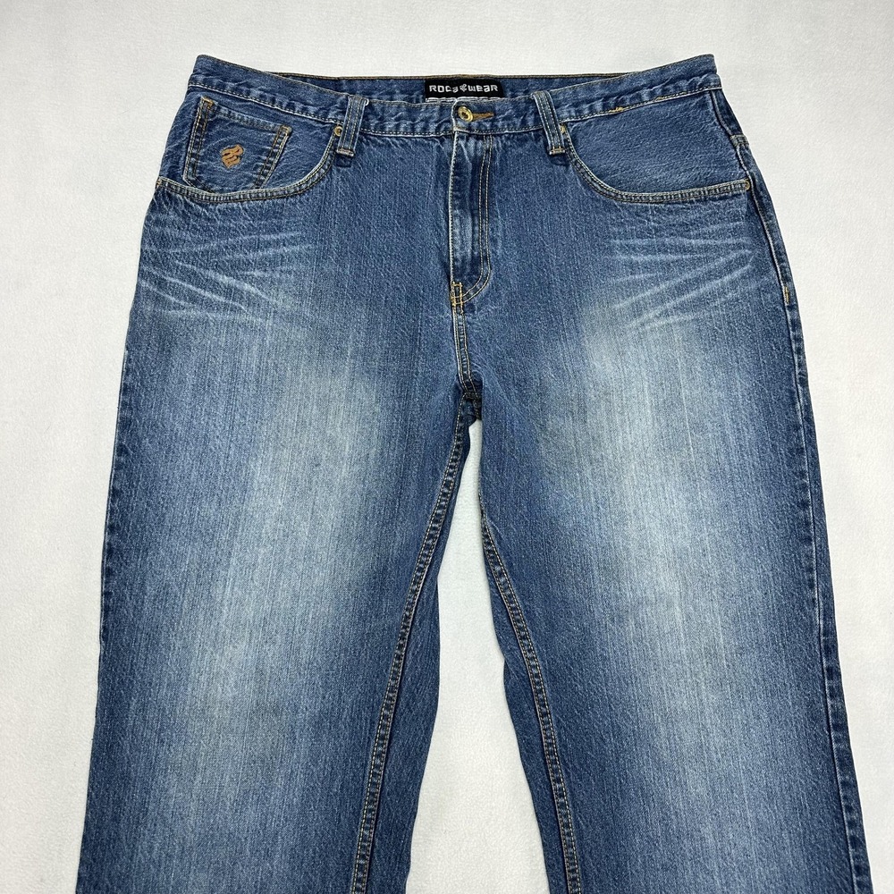 vintage Rocawear Jeans Mens 40 Blue Relaxed Baggy Straight Embroidered Y2K 39x33